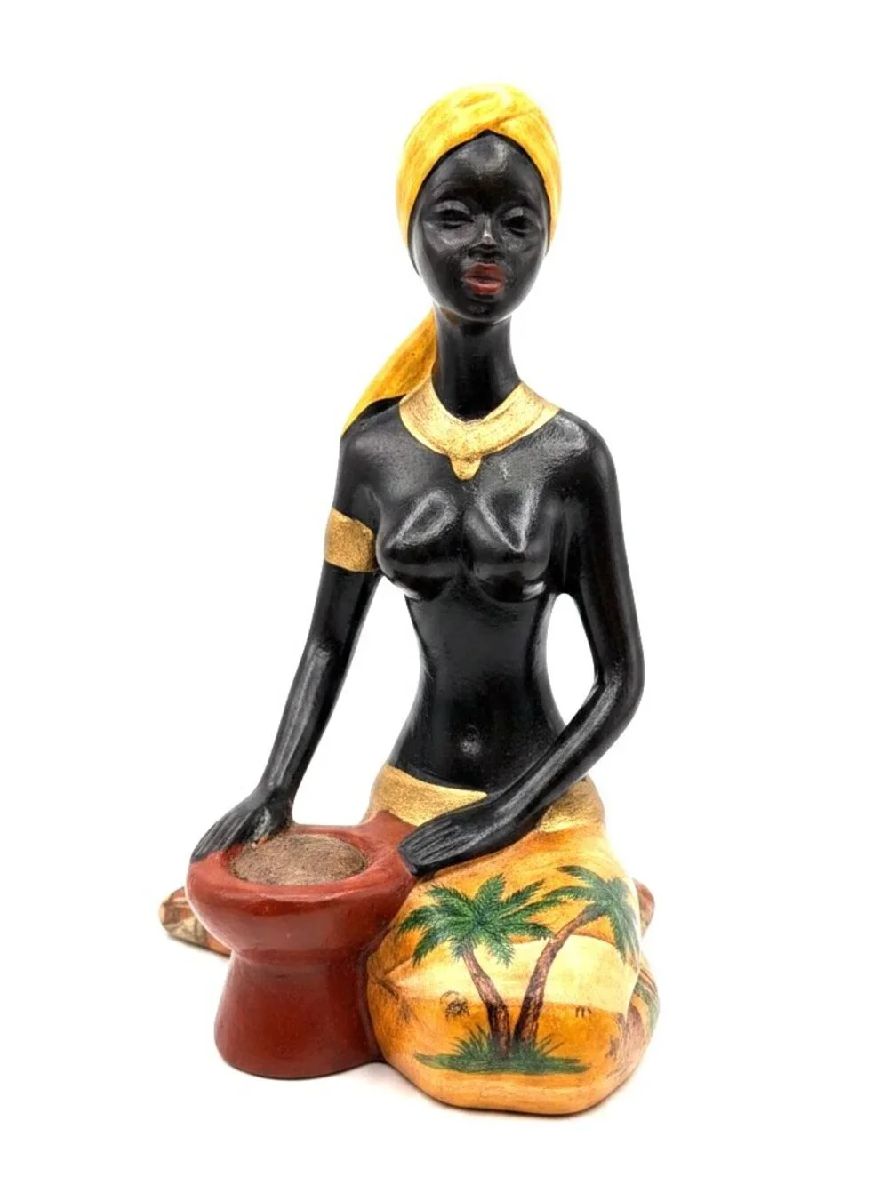Vintage African Woman Figurine Candle Holder Palm Tree Folk Art Sculpture 8.75